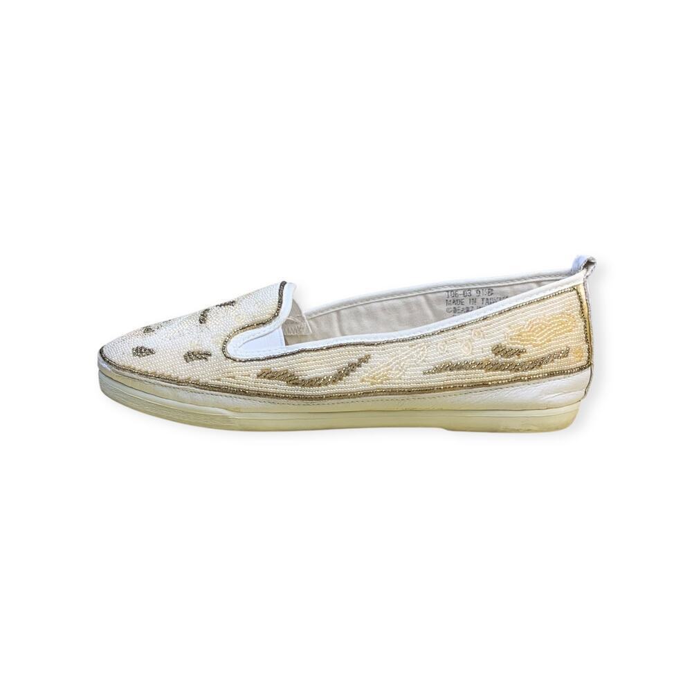 Vintage 90s Beadz Cream Gold Beaded Slip-On Loafers Size 9.5